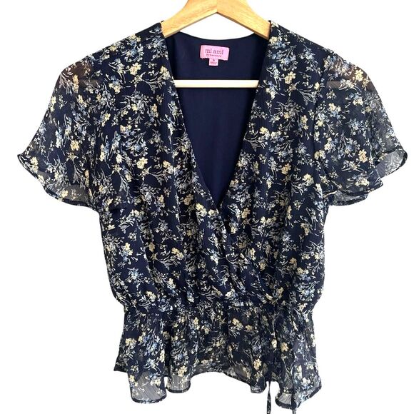 Francesca's Collections Tops - Womens Sheer Navy Floral Peasant Top Size S Flutter Sleeve Fairy Cottagecore
